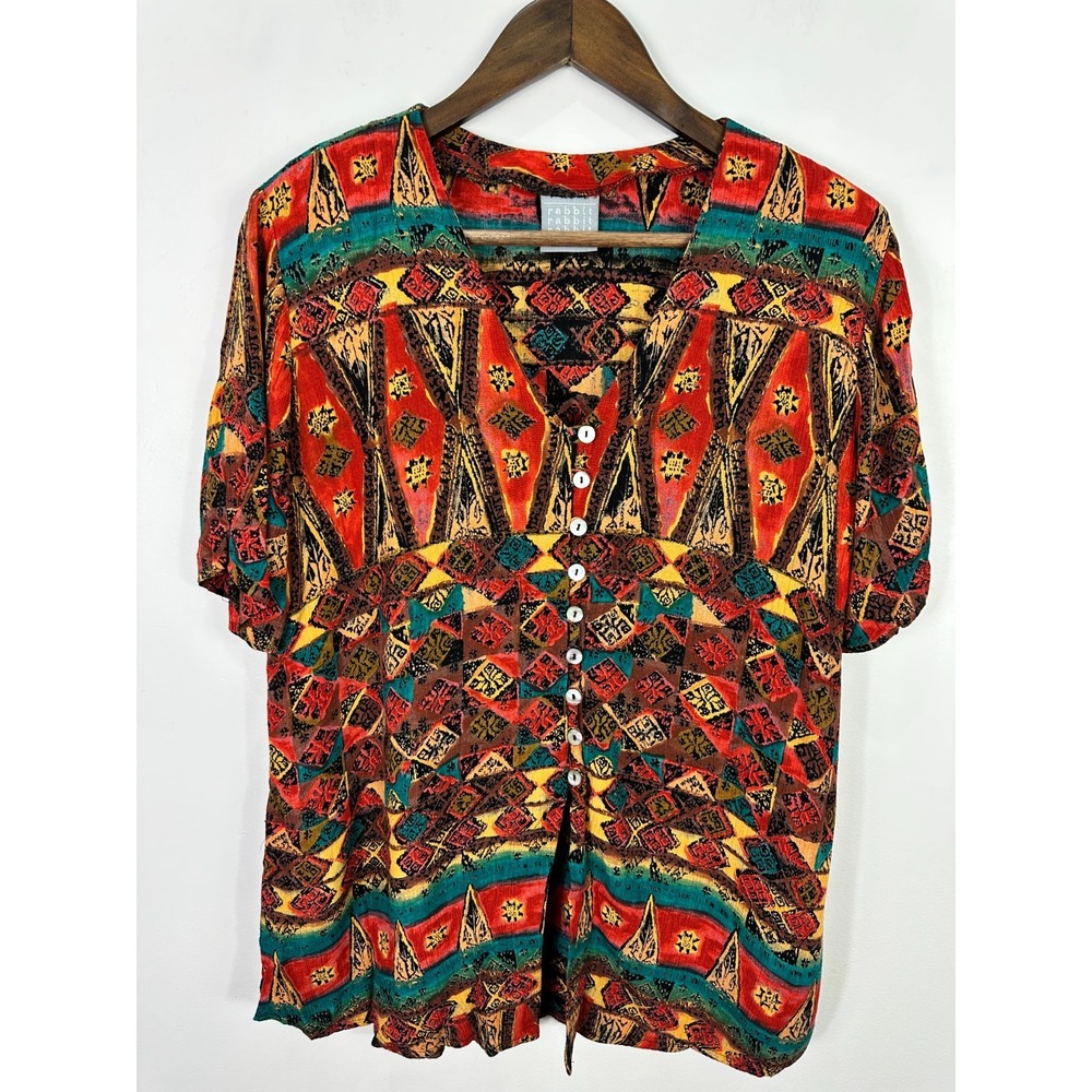 Vtg Rabbit Rabbit Top‎ Womens 14P Button Up Folk Artsy Boho Tribal Earthy Indie